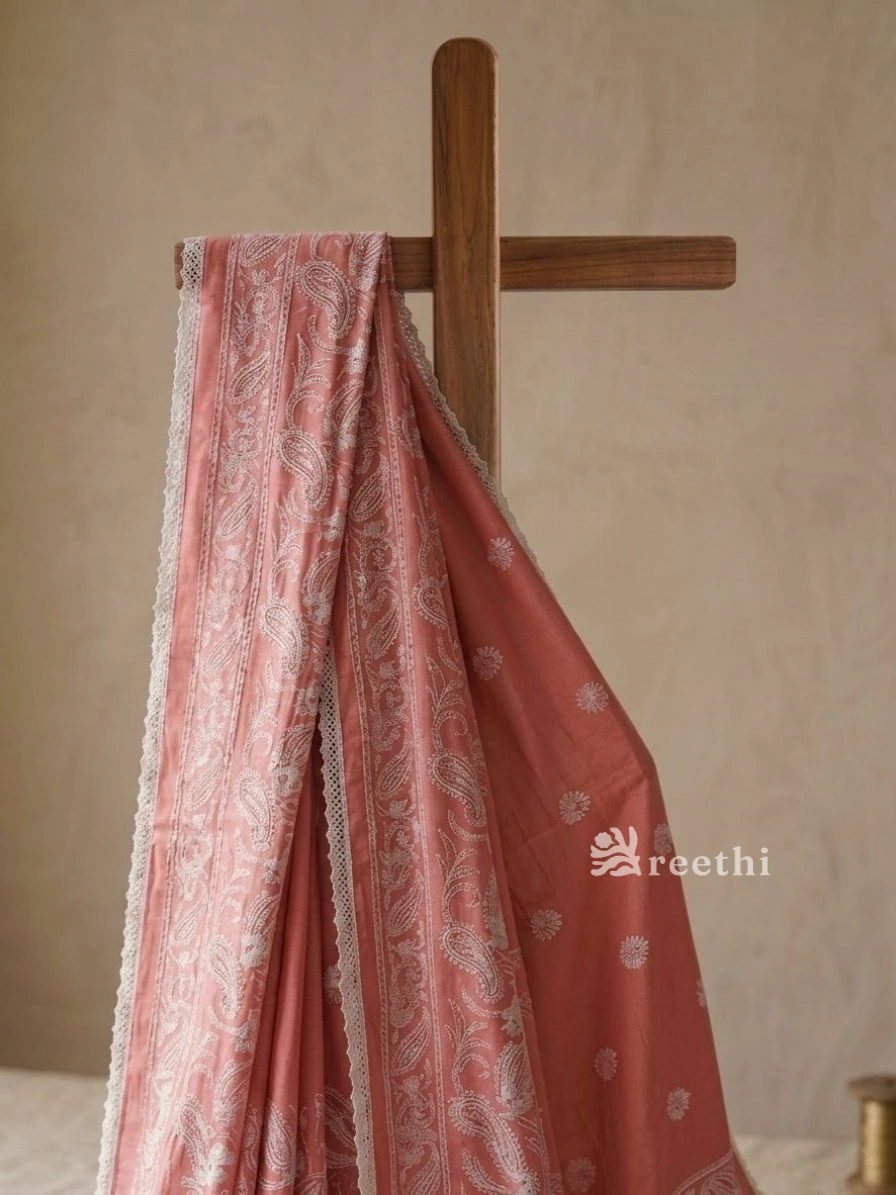 MulMul Chikankari Lace Border Peach